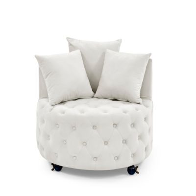 Velvet Swivel Chair with Tufted Design, Wheels, 3 Pillows