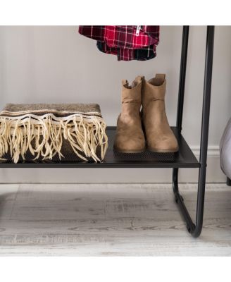 USA Clothes Rack with 4 Metal Shelves, Freestanding Clothing Racks for Hanging Clothes, Easy to Assemble, Standing Metal Sturdy Garment and Accessories Rack, Small Space Storage Solution, Black