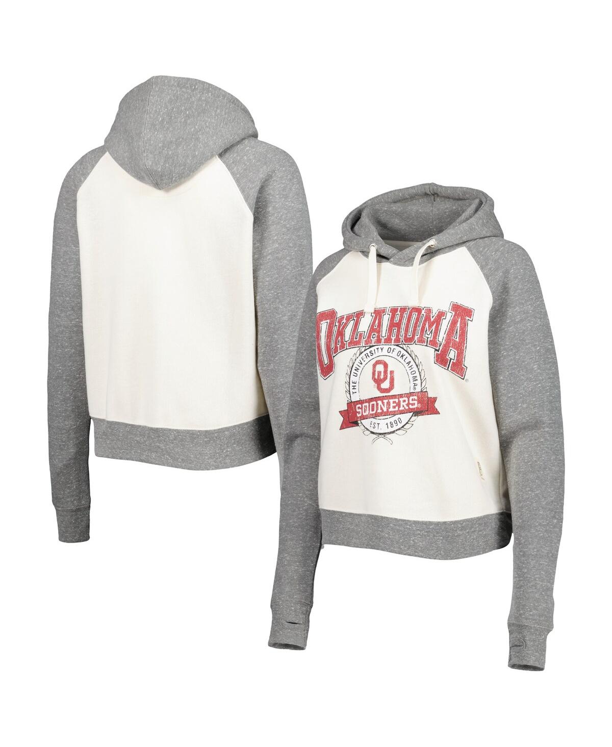PRESSBOX WOMEN'S PRESSBOX CREAM, HEATHER GRAY DISTRESSED OKLAHOMA SOONERS CODY TRI-BEND RAGLAN PULLOVER HOODI 