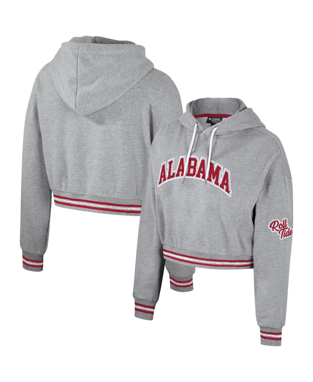 Women's The Wild Collective Heather Gray Distressed Alabama Crimson Tide Cropped Shimmer Pullover Hoodie - Heather Gray