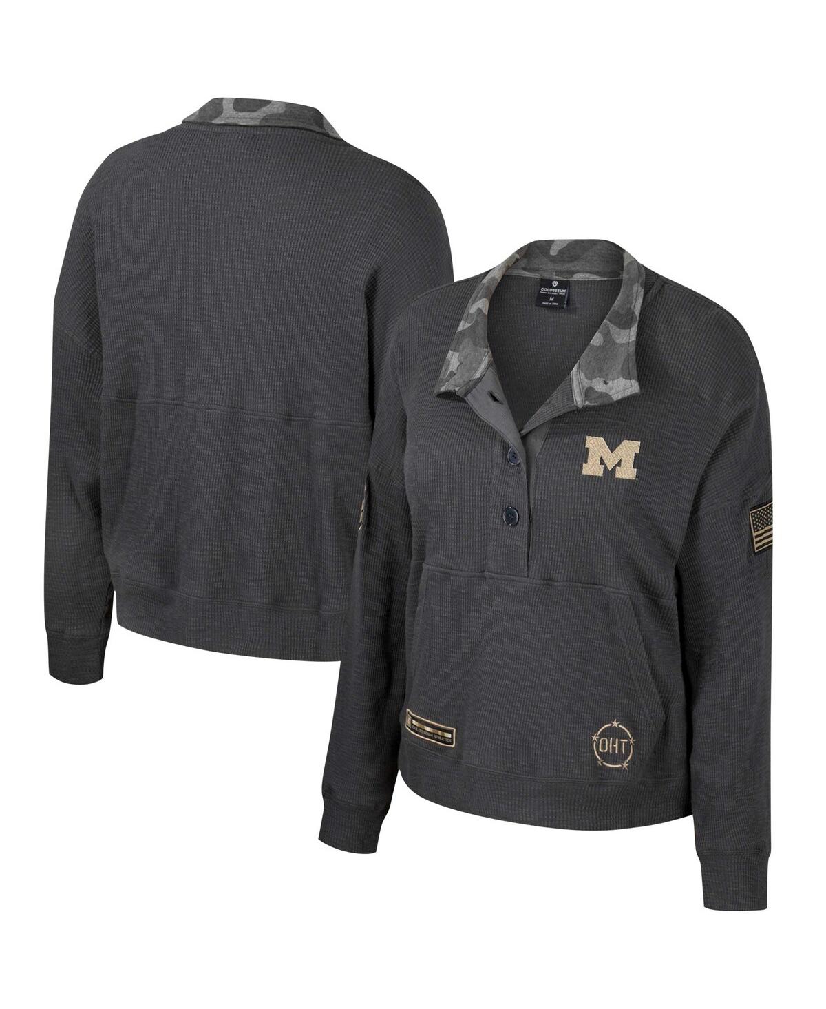 Women's Colosseum Heather Charcoal Michigan Wolverines Oht Military-Inspired Appreciation Payback Henley Thermal Sweatshirt - Heather Charcoal