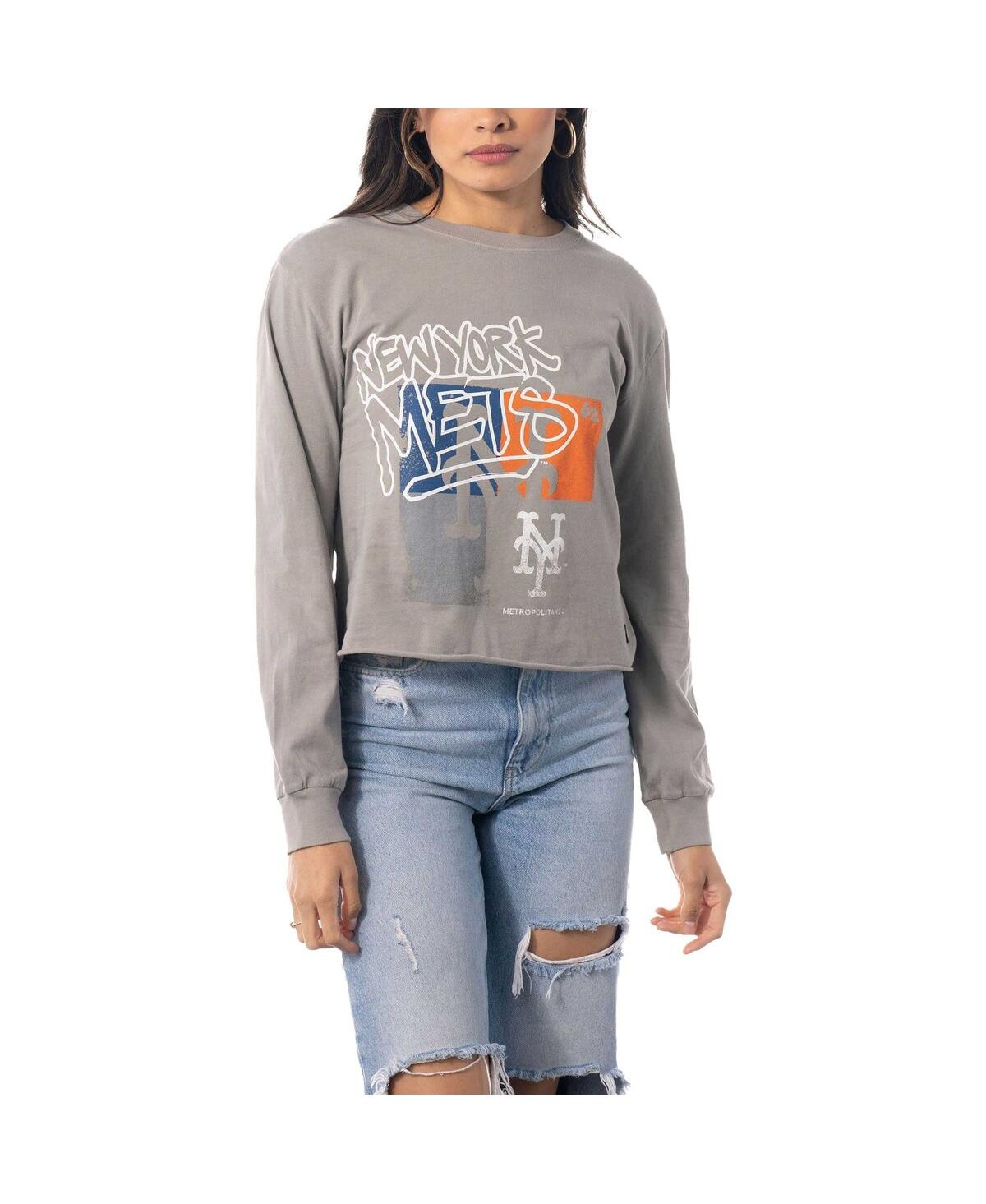 THE WILD COLLECTIVE WOMEN'S THE WILD COLLECTIVE GRAY NEW YORK METS CROPPED LONG SLEEVE T-SHIRT