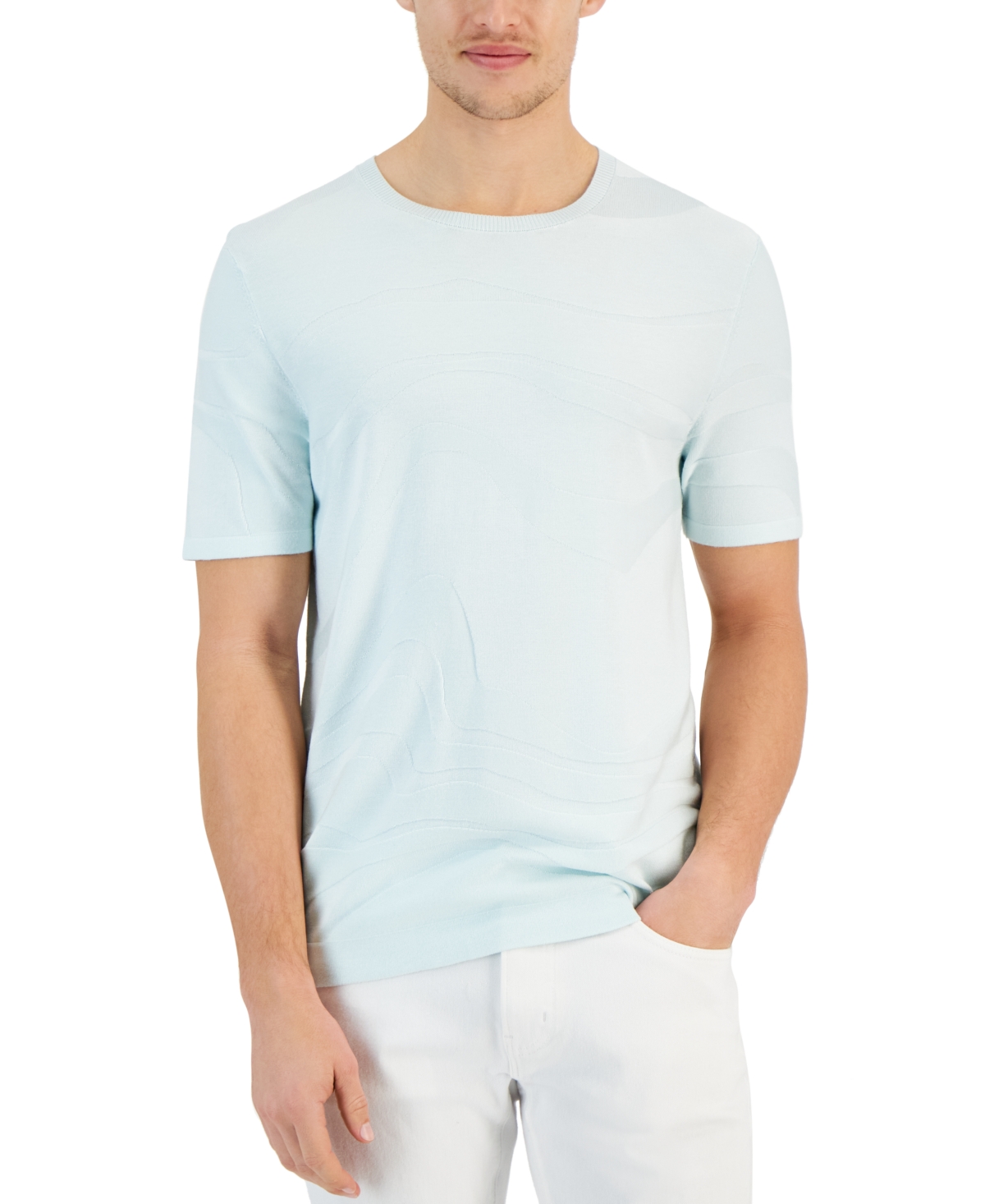 Shop Alfani Men's Tonal Wave Jacquard T-shirt, Created For Macy's In Beach Glass