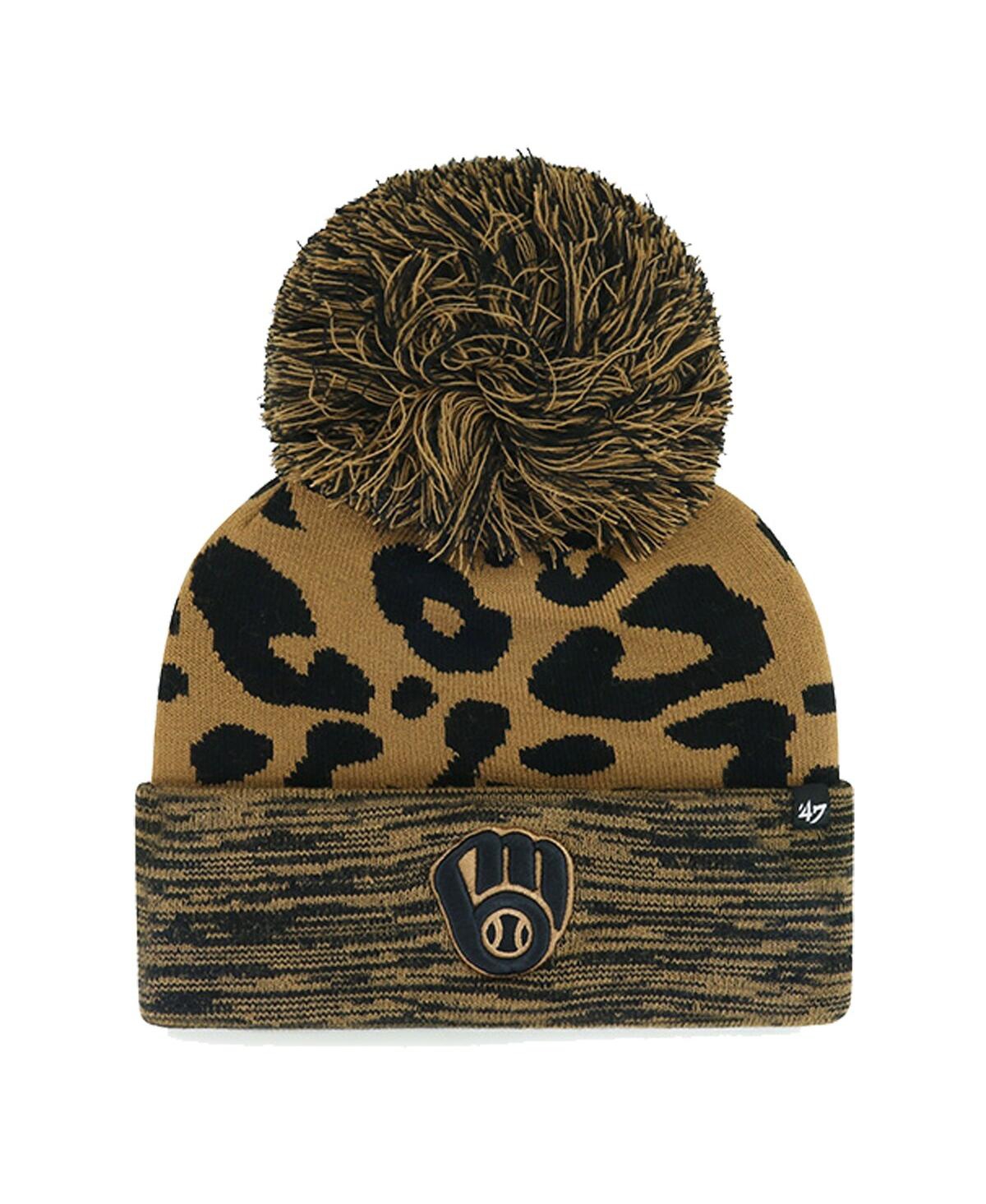 Shop 47 Brand Women's ' Milwaukee Brewers Leopard Rosette Cuffed Knit Hat With Pom In Brown