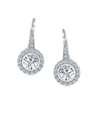Classic Art Deco Style CZ Halo Circle Circlet Rosette Solitaire Drop Earrings Cubic Zirconia Sterling Silver