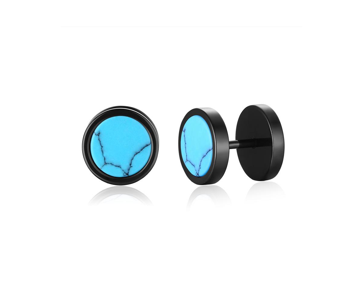 Stainless Steel Round Stone Stud Earrings - Black marble