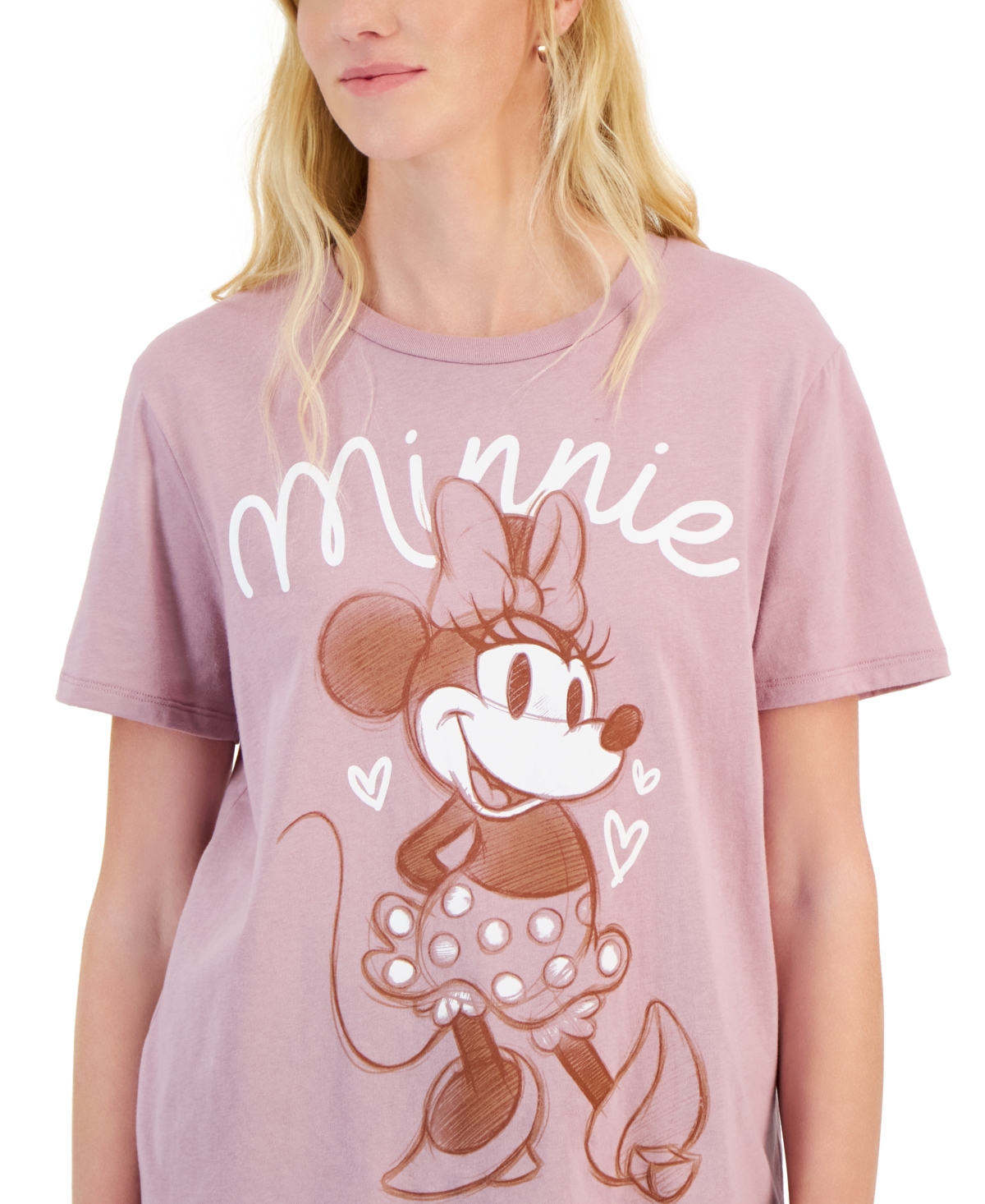 Shop Disney Juniors' Minnie Crewneck Graphic Tee In Mauve Shadows