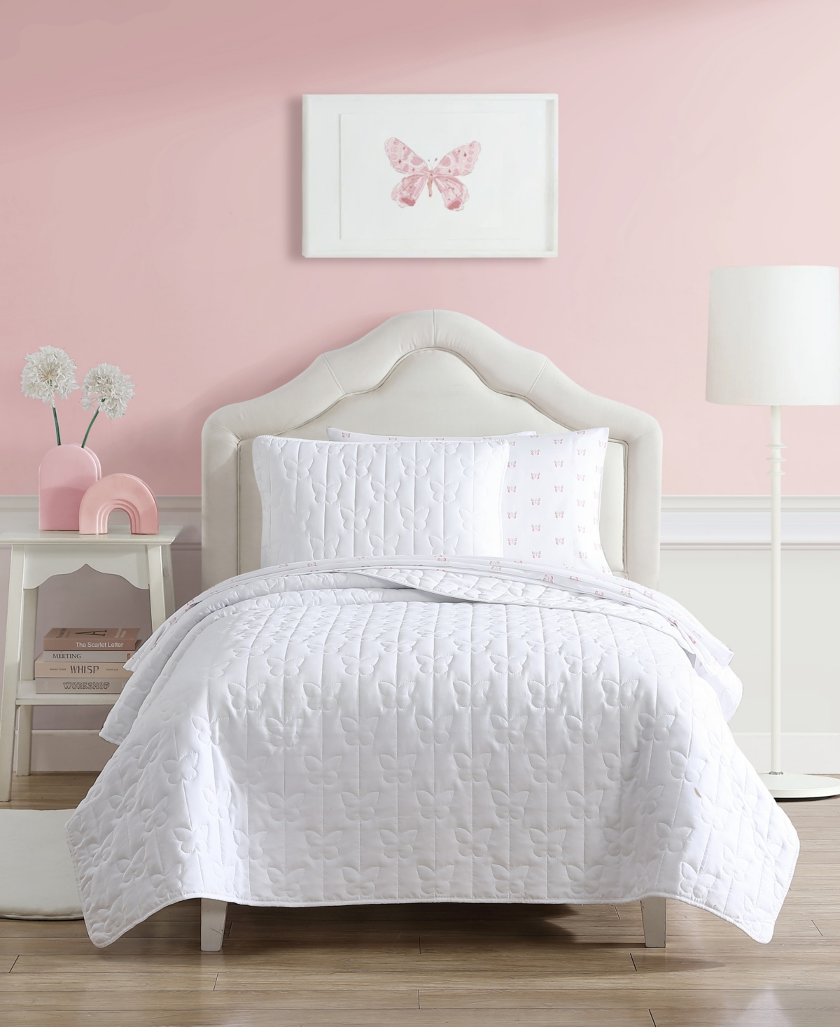 Laura Ashley Kids Butterfly Kiss Reversible 3 Piece Quilt Set, Full In White