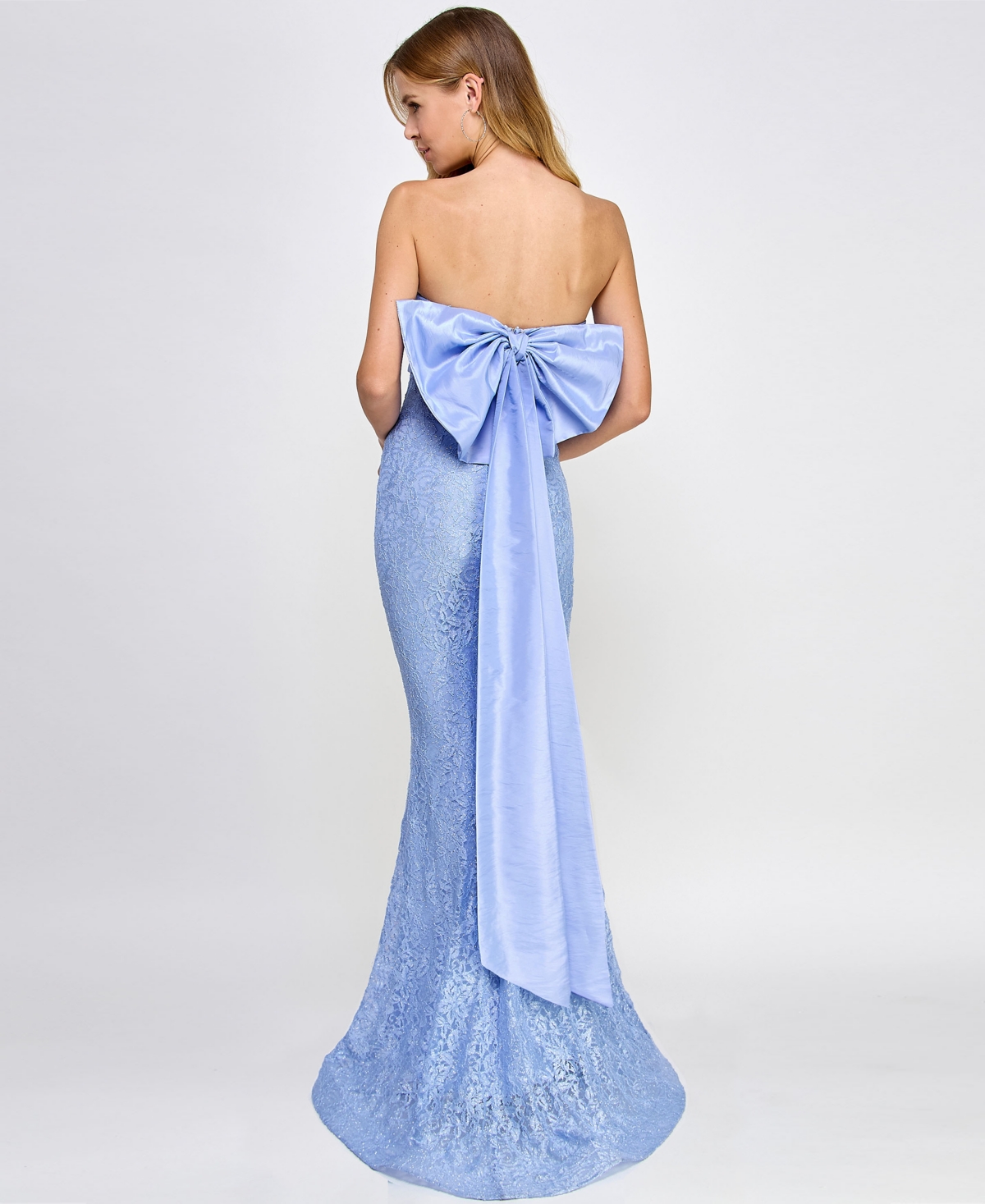 Shop City Studios Juniors' Strapless Glitter-lace Back-bow Ball Gown, Created For Macy's In Periwinkle,silver