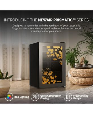 Prismatic Series 85 Can Beverage Refrigerator with RGB HexaColor LED Lights, Gaming Fridge, Mini Fridge for Game Room, Party Festive Holiday Fridge with Remote Control and Adjustable Shelves for Beer, Soda or Other Beverages / Drinks