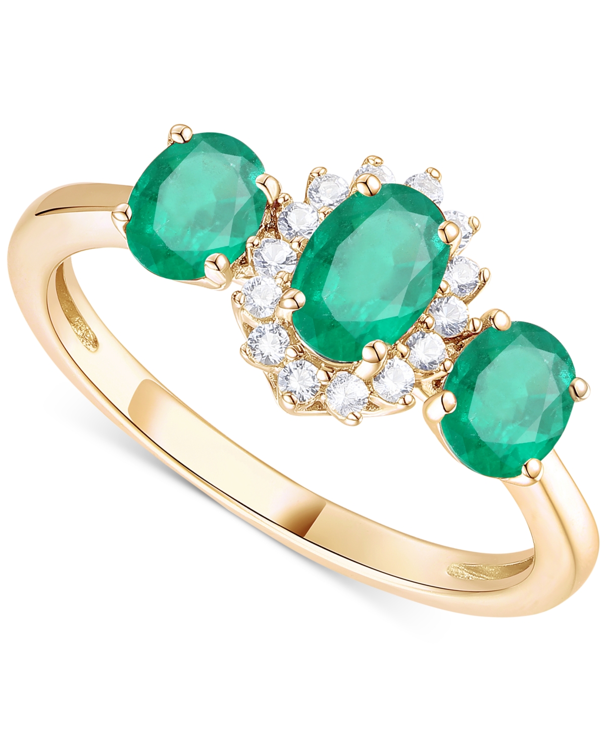 Macy's Emerald (1-1/8 Ct. T.w.) & Diamond (1/8 Ct. T.w.) Triple Oval Halo Ring In 14k Gold (also In Ruby &