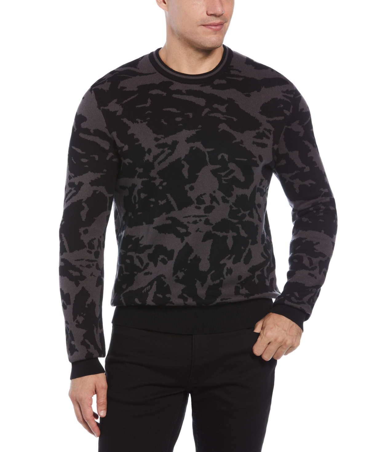 Perry Ellis Men's Jacquard Camo Crewneck Pullover Sweater In Black