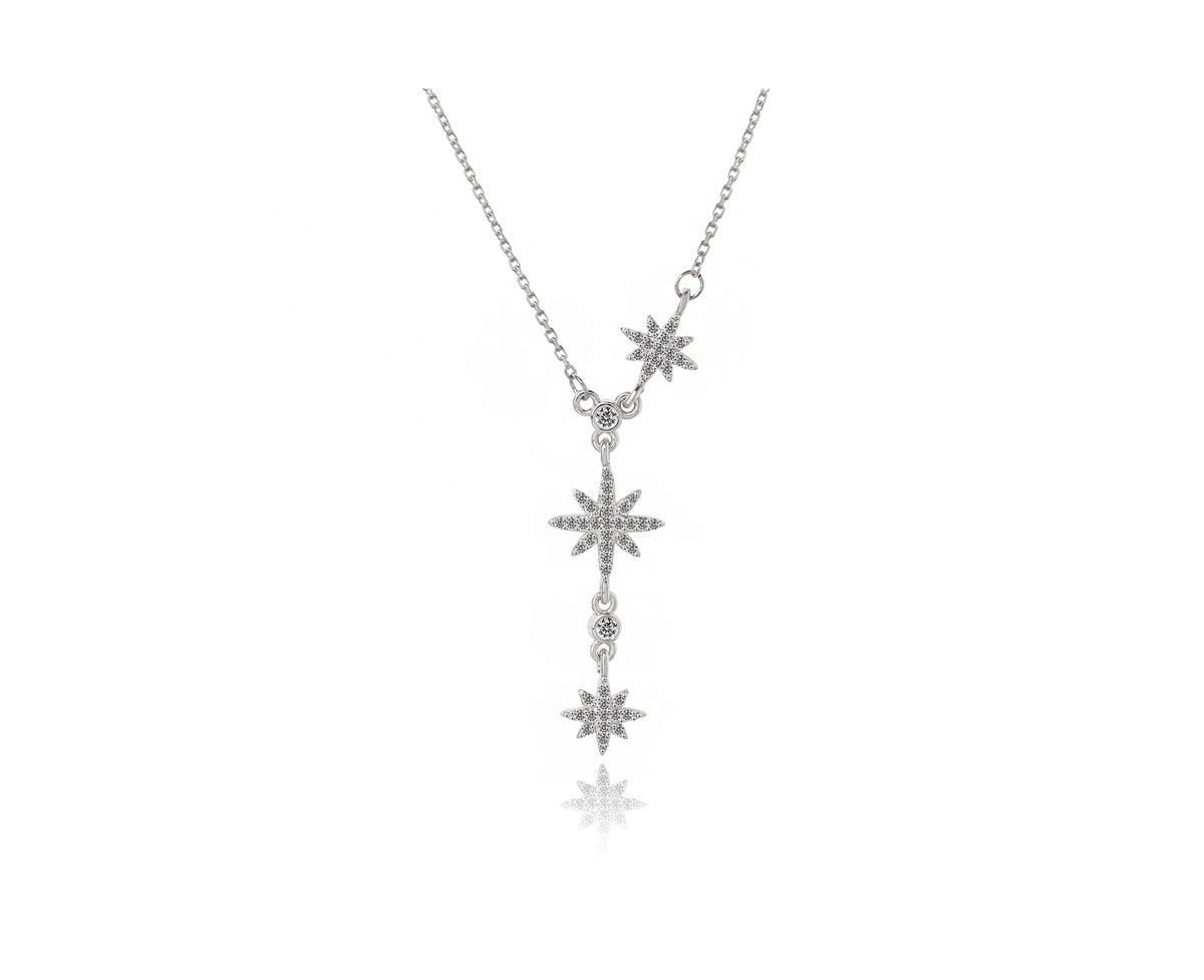 Three Star Lariat Necklace with White Diamond Cubic Zirconia - Silver