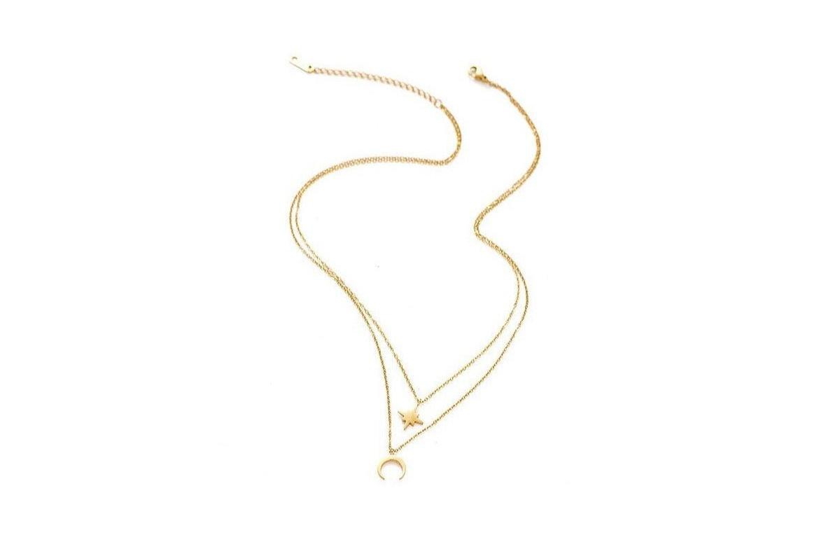 Moon and Star Layered Necklace - Gold