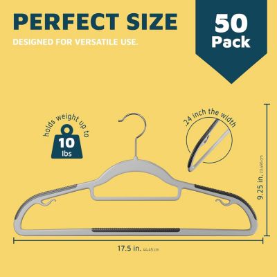 50-piece slim, lightweight hangers with 360° swivel hooks and non-slip rubber coating—perfect for saving space and holding dry or wet clothes.