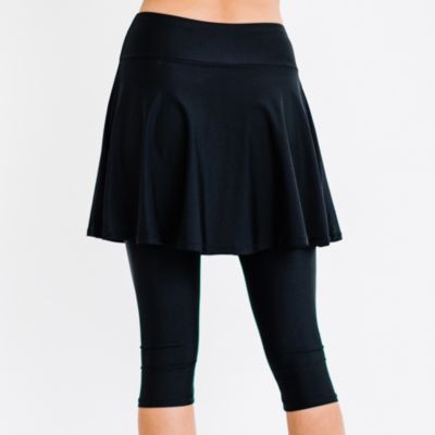 Women's Chlorine Resistant High Waisted Flared Swim Skort With Attached Capri Leggings