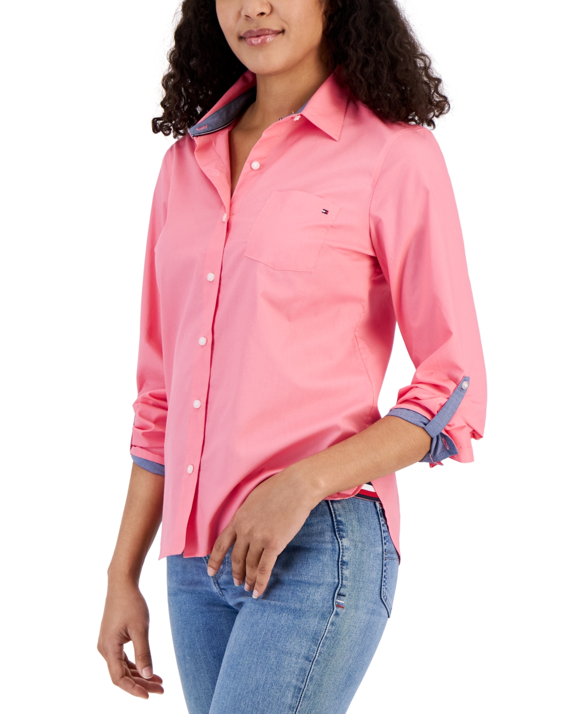 Shop Tommy Hilfiger Women's Cotton Roll-tab Button-up Shirt In Peony