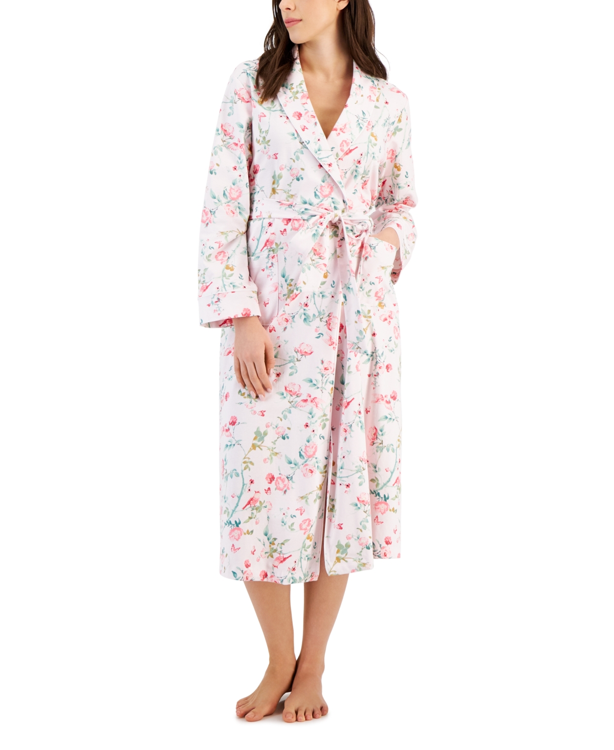 Charter Club Women's Cotton Floral Belted Robe, Created For Macy's In Bird Bloom Pnk