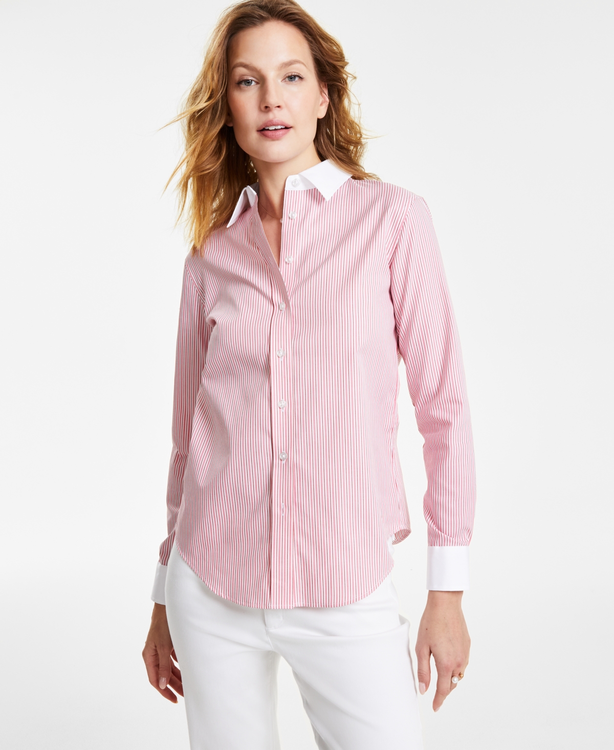 Petite Striped Oversized Button-Down Cotton Poplin Shirt - Dark Pink