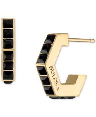 Gold-Tone IP Stainless Steel Small Black Spinel Hoop Earrings, 0.55"