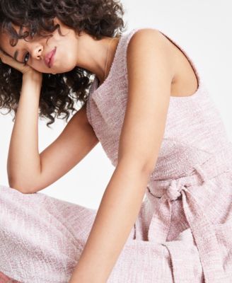 Women's Jewel-Neck Sleeveless Belted Tweed Midi Dress