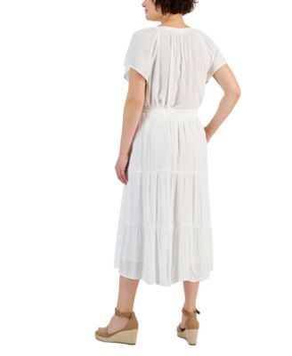 Shop Style & Co Style Co Flutter Sleeve Top Tiered Skirt Created For Macys In Bright White