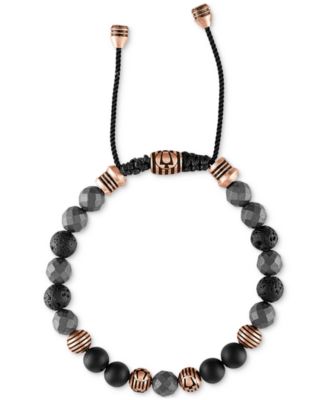 Rose Gold-Tone IP Stainless Steel Black Onyx Beaded Cord Slider Bracelet