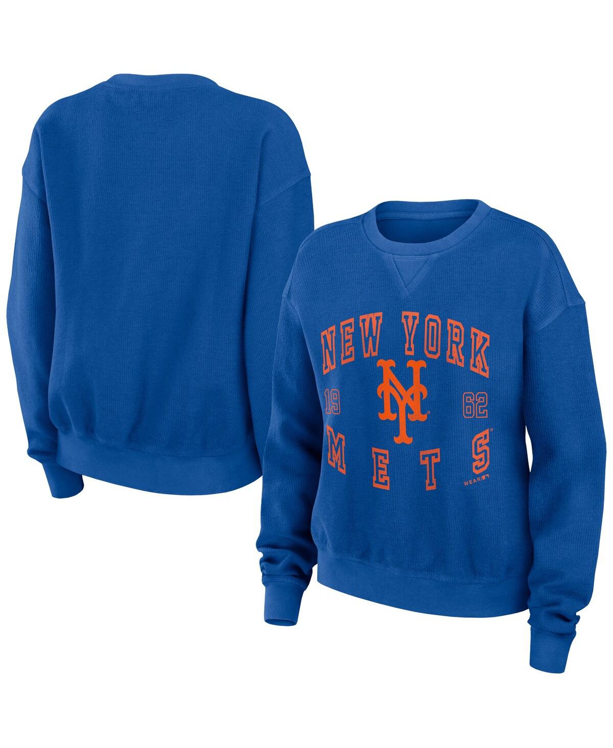 Women's Wear by Erin Andrews Royal Distressed New York Mets Vintage-Like Cord Pullover Sweatshirt - Royal