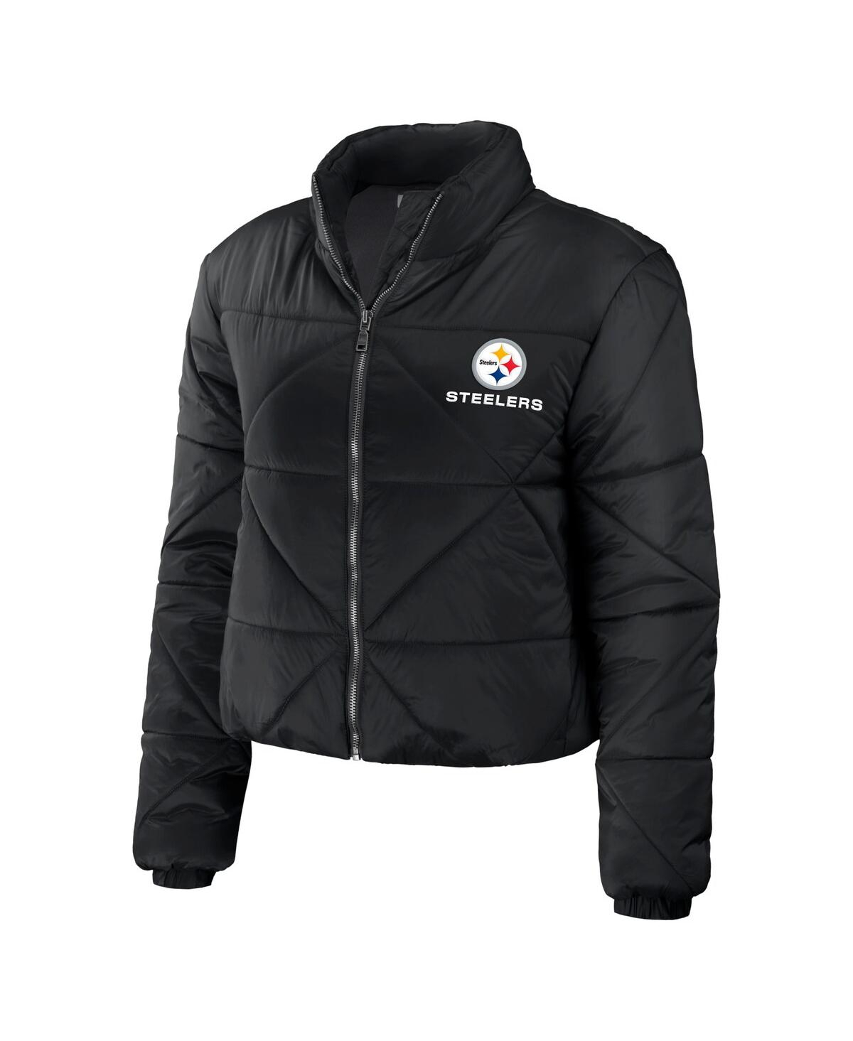 Wear By Erin Andrews Black Pittsburgh Steelers Cropped Puffer Full-zip Jacket In Black