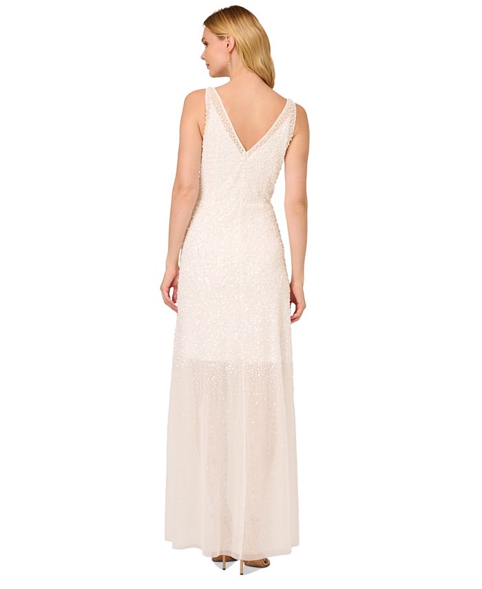 Stone Accent Illusion V-Neck Gown