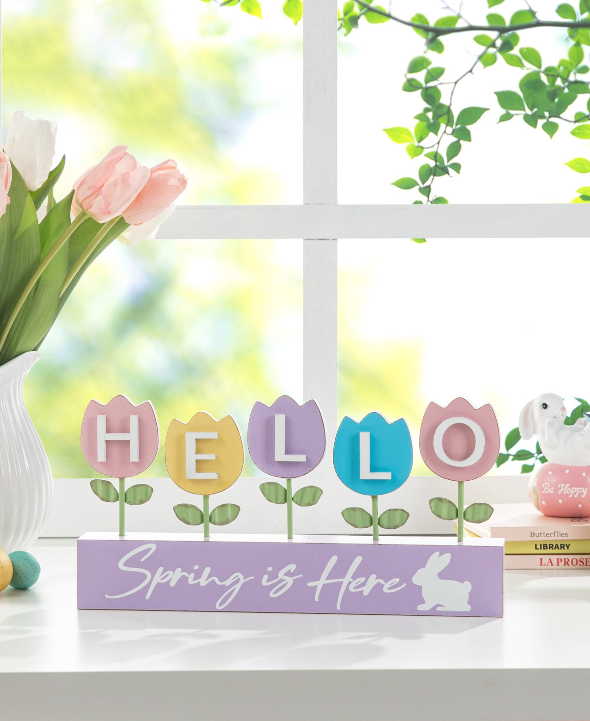Glitzhome 12" L Easter Wooden And Metal Tulips Table Decor In Multi