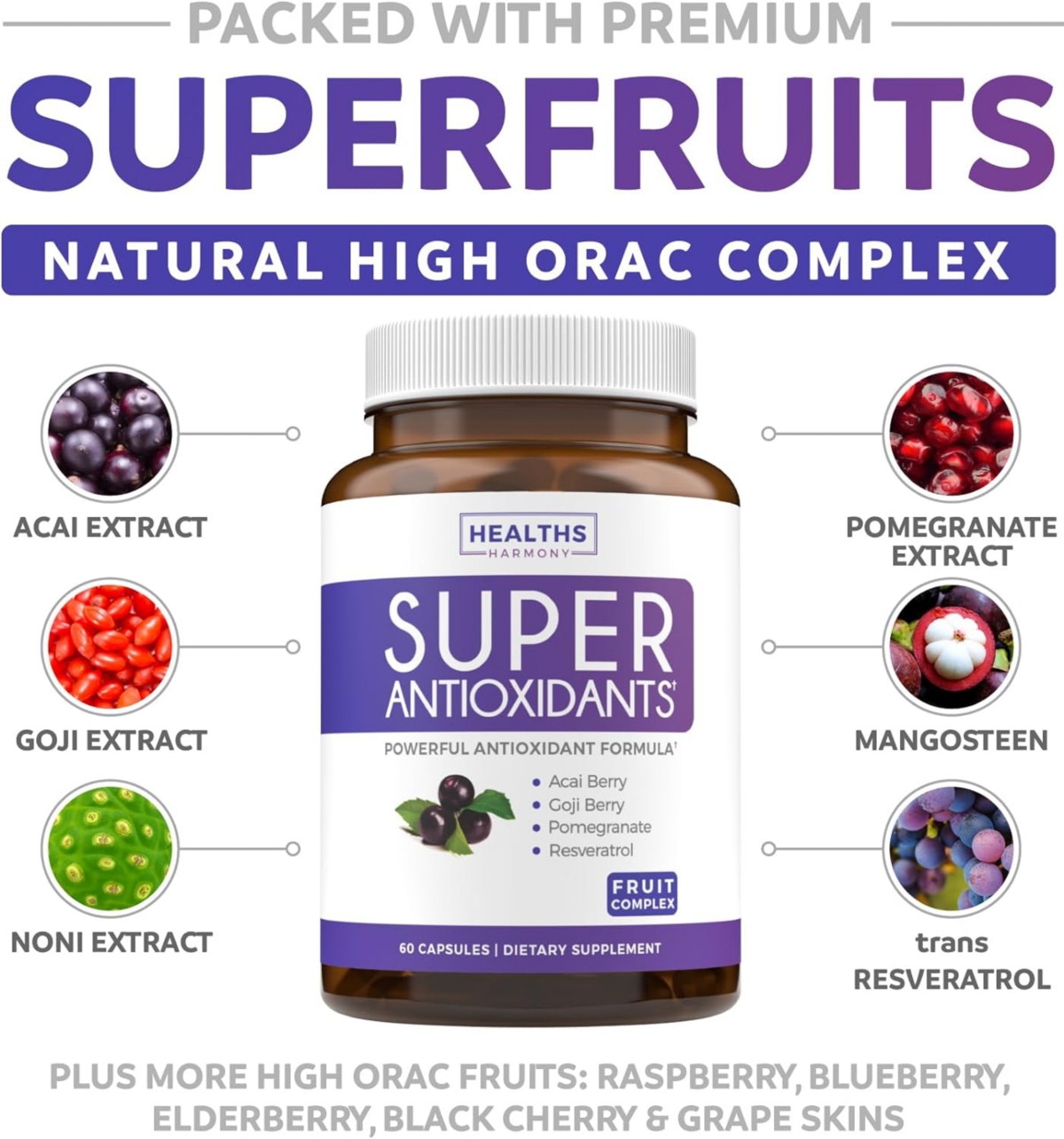Healths Harmony Super Antioxidant Capsules, Powerful Super Food Antioxidant Daily Blend - Acai Berry, Goji, Pomegranate & Trans Resveratrol, Health's