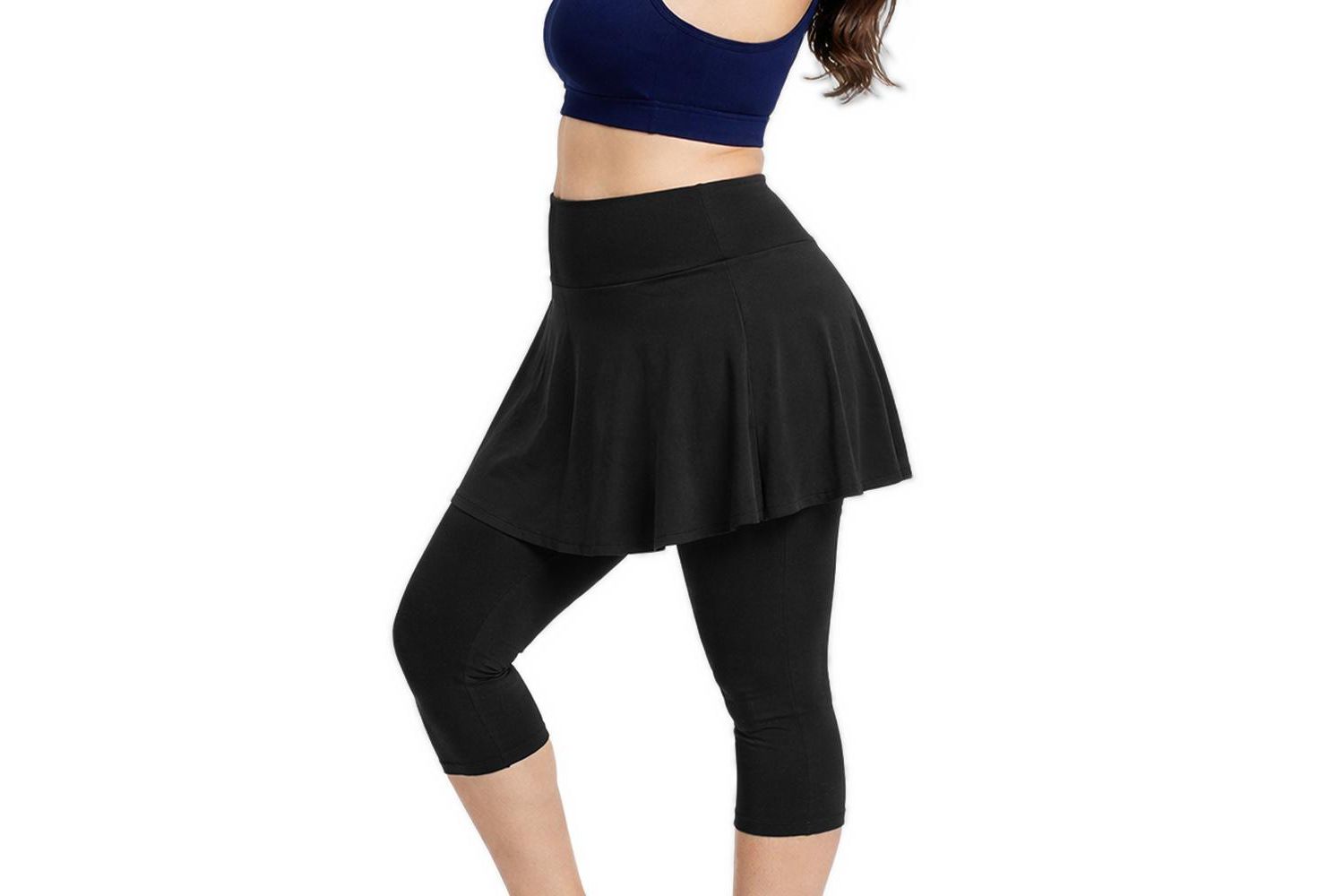 Plus Size Chlorine Resistant High Waisted Flared Swim Skort With Attached Capri Leggings