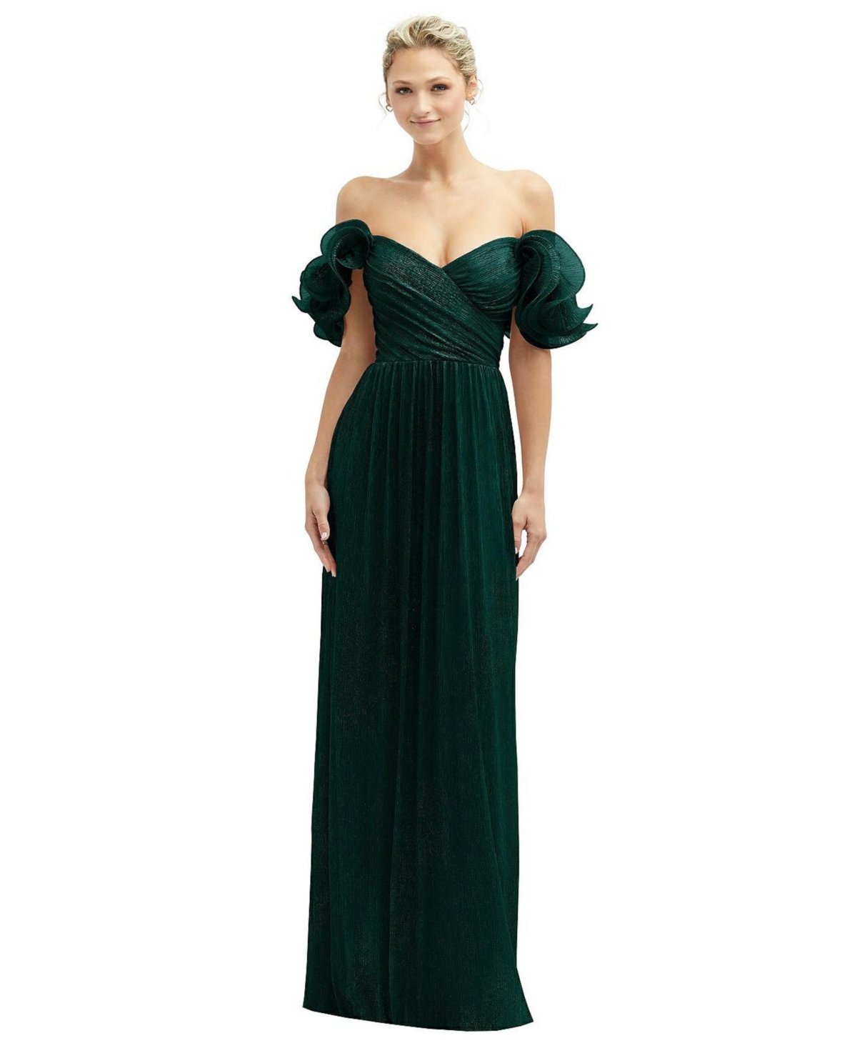 Womens Dramatic Ruffle Edge Convertible Strap Metallic Pleated Maxi Dress - Metallic evergreen