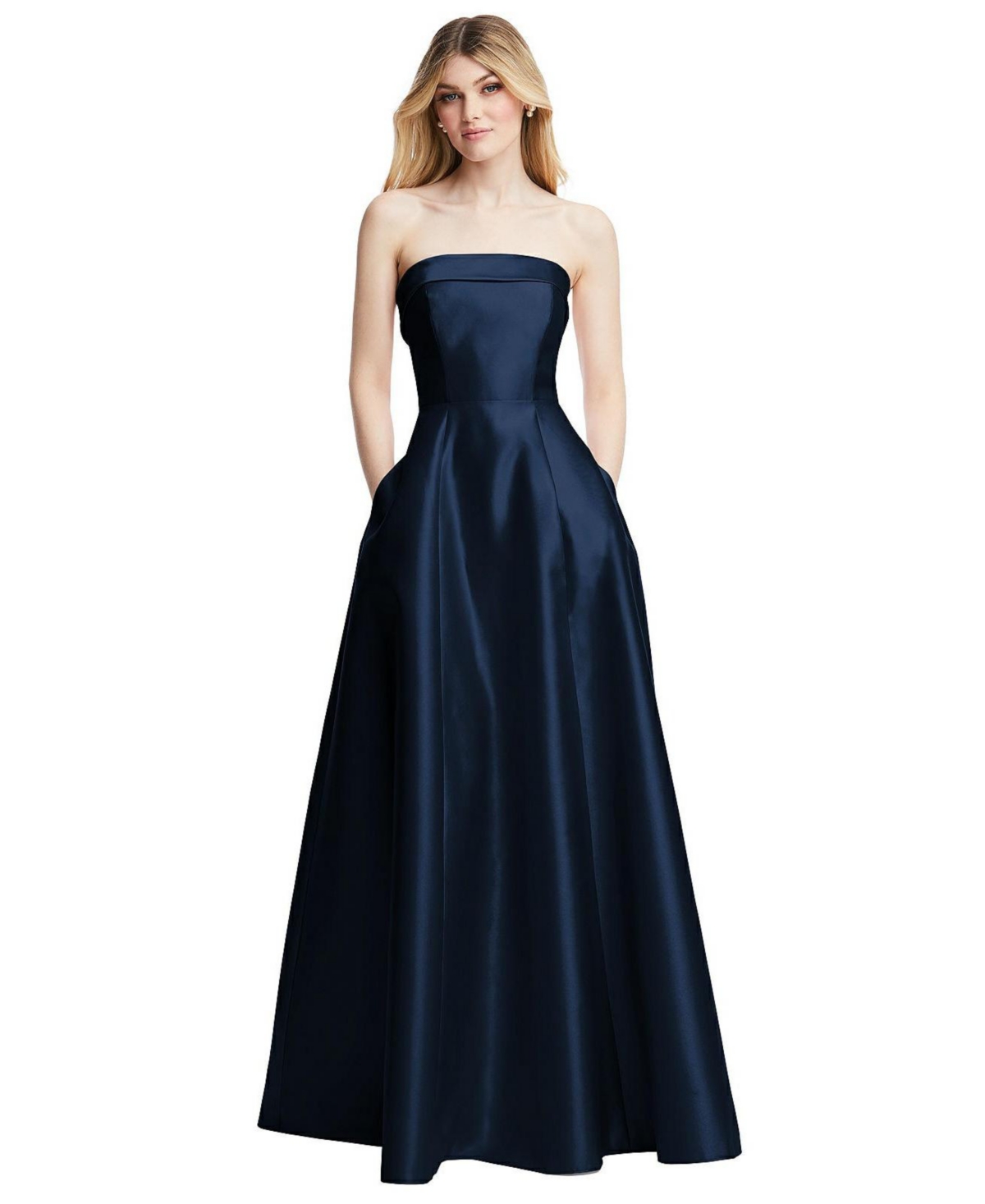 ALFRED SUNG STRAPLESS BIAS CUFF BODICE SATIN GOWN WITH POCKETS
