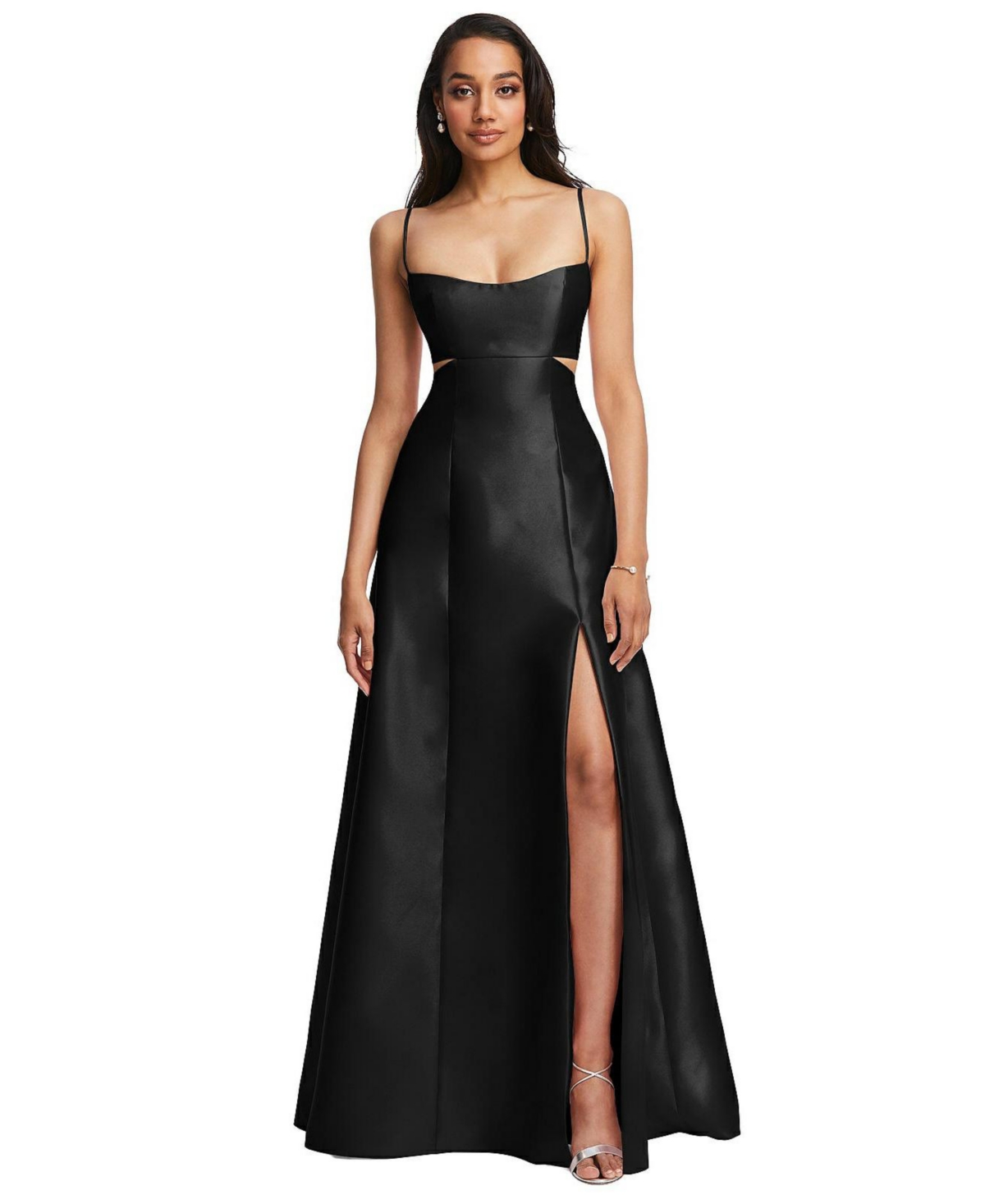 Womens Open Neckline Cutout Satin Twill A-Line Gown with Pockets - Black