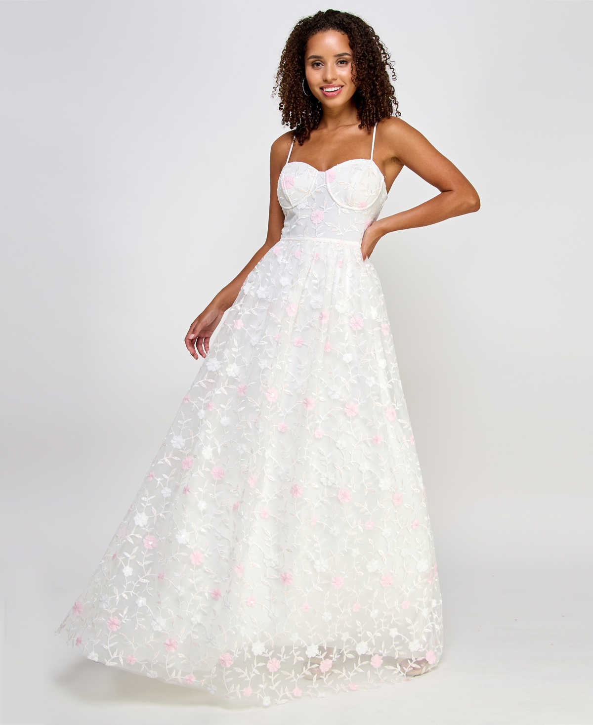 City Studios Juniors' Floral Embroidered Tulle Bustier Gown, Created For Macy's In Ivory,pink