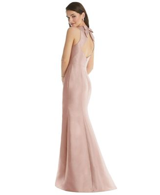 Womens Jewel Neck Bowed Open-Back Trumpet Dress with Front Slit