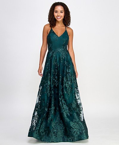 City Studios Juniors' Allover Lace & Imitation Pearl Gown - Macy's