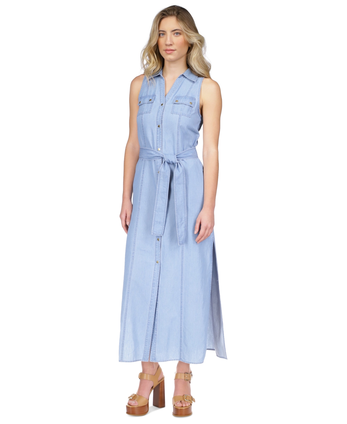 Michael Kors Michael  Women's Sleeveless Maxi Shirtdress, Regular & Petite In Sky Blue Wash