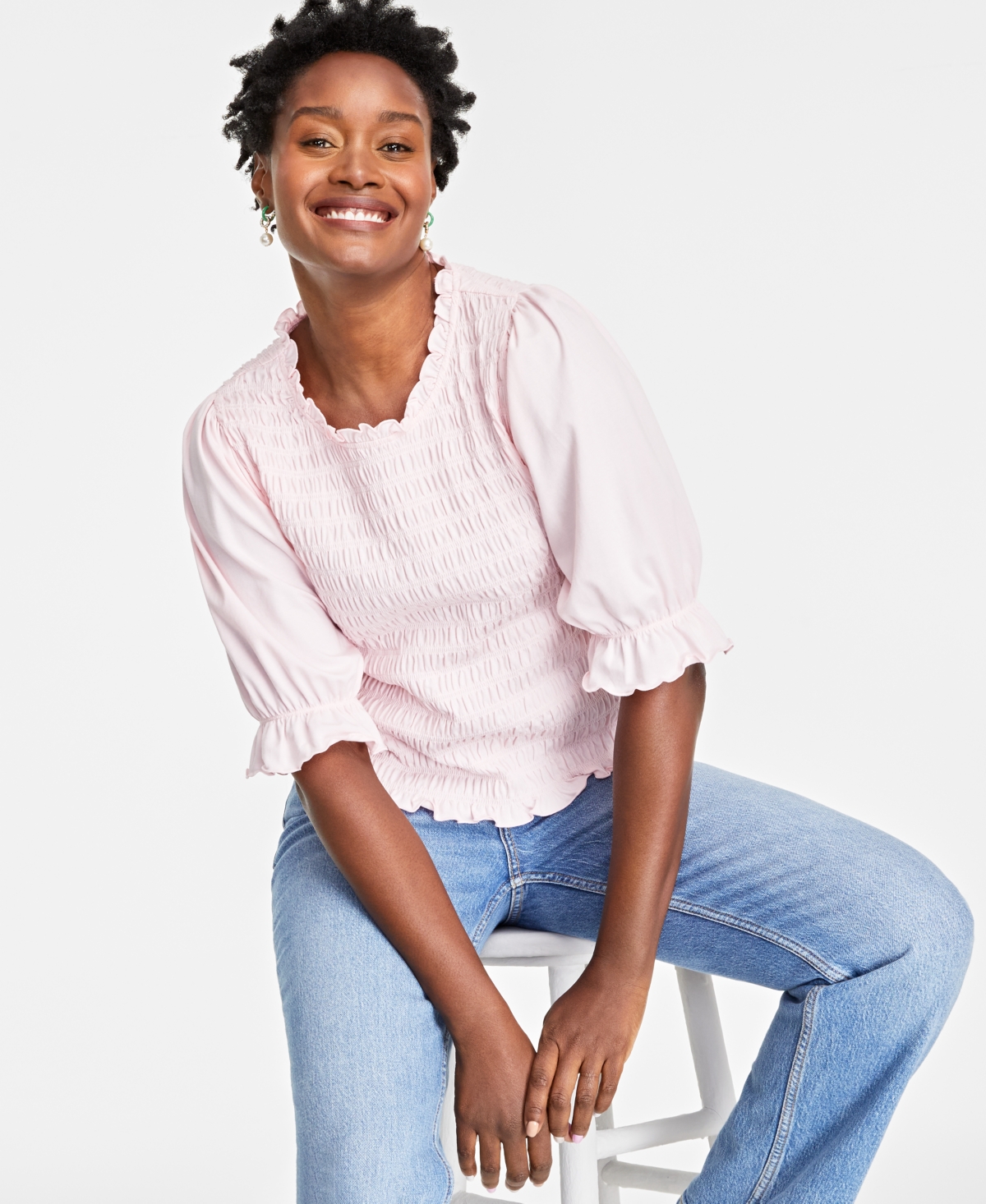On 34th Women's Elbow-sleeve Smocked Top, Created For Macy's In Pink Dogwood