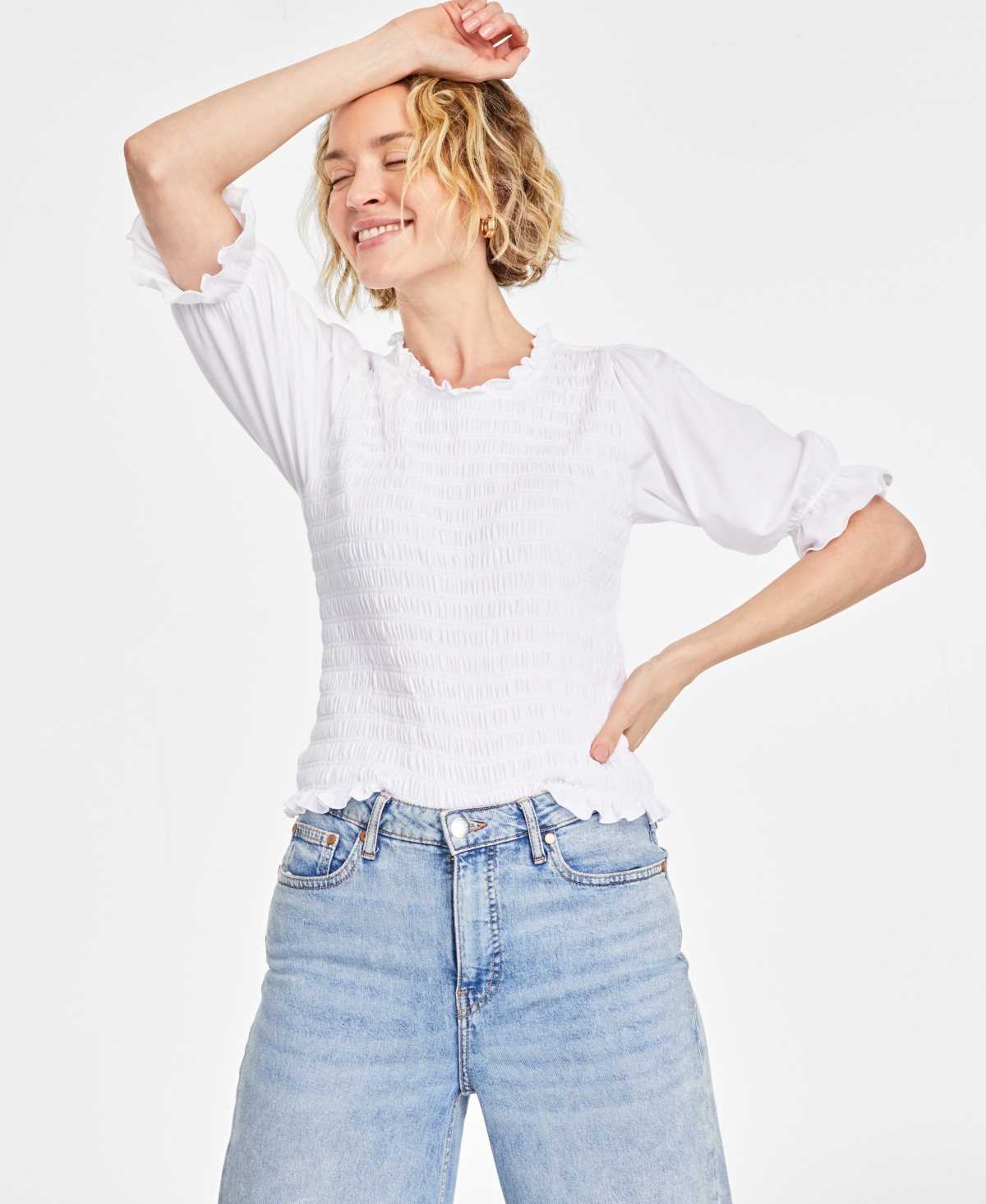 On 34th Women's Elbow-sleeve Smocked Top, Created For Macy's In Bright White