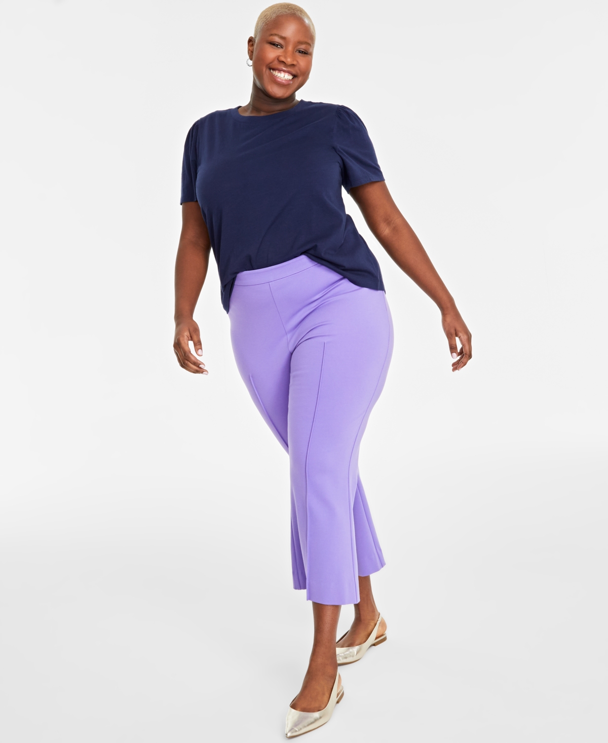 On 34th Trendy Plus Size Gathered-sleeve Crewneck T-shirt, Created For Macy's In Intrepid Blue