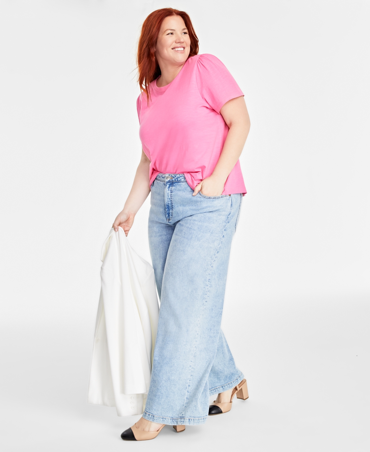 Shop On 34th Trendy Plus Size Gathered-sleeve Crewneck T-shirt, Created For Macy's In Azalea Pink