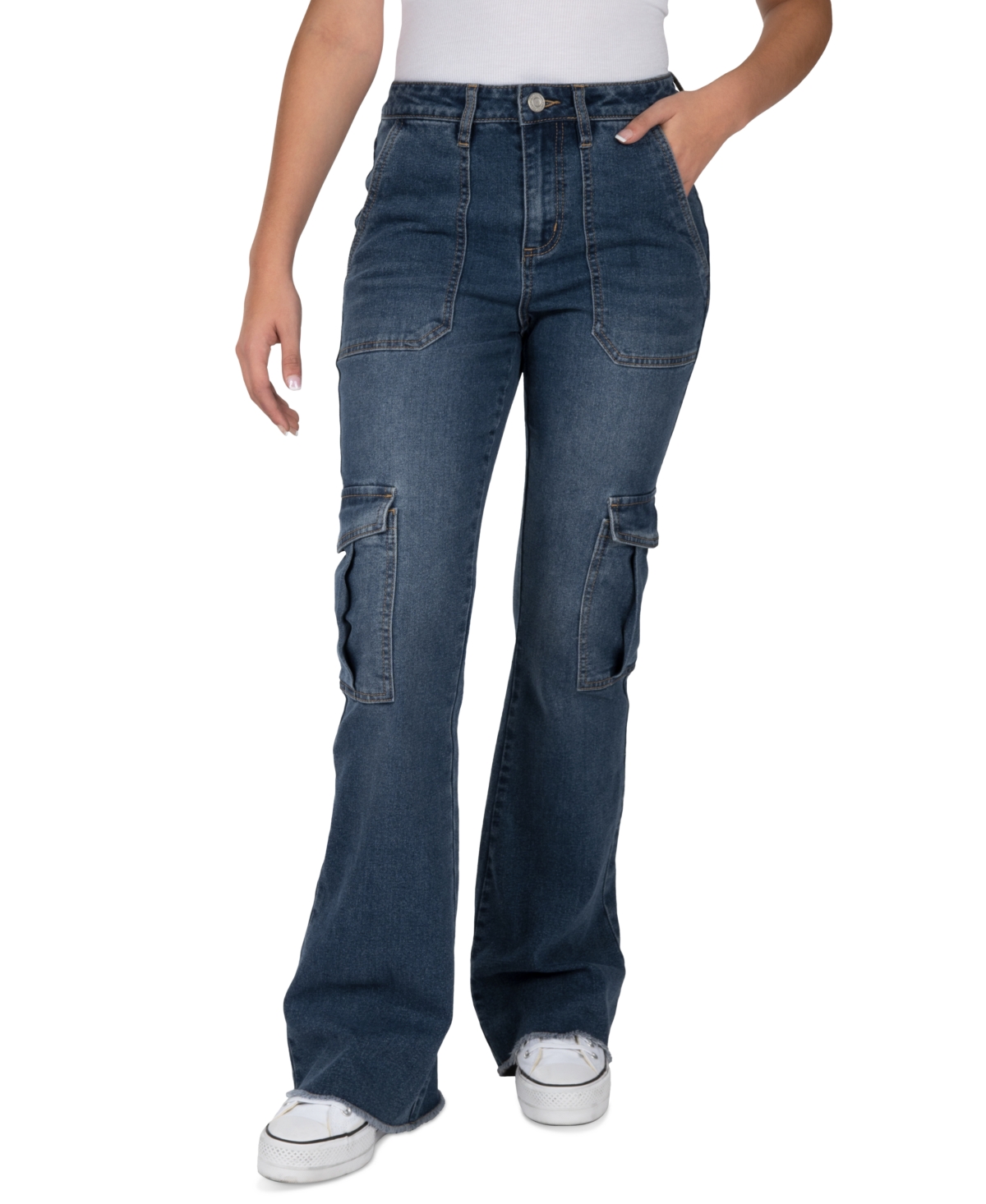 Indigo Rein Juniors' High-rise Flare-leg Cargo Jeans In Dark Blue