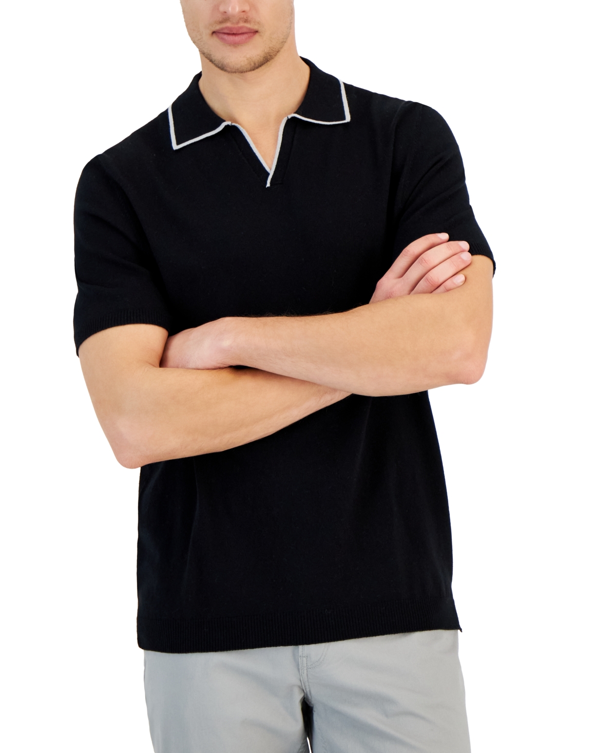 Alfani Men's Short Sleeve Open-collar Polo Sweater, Created For Macy's In Deep Black