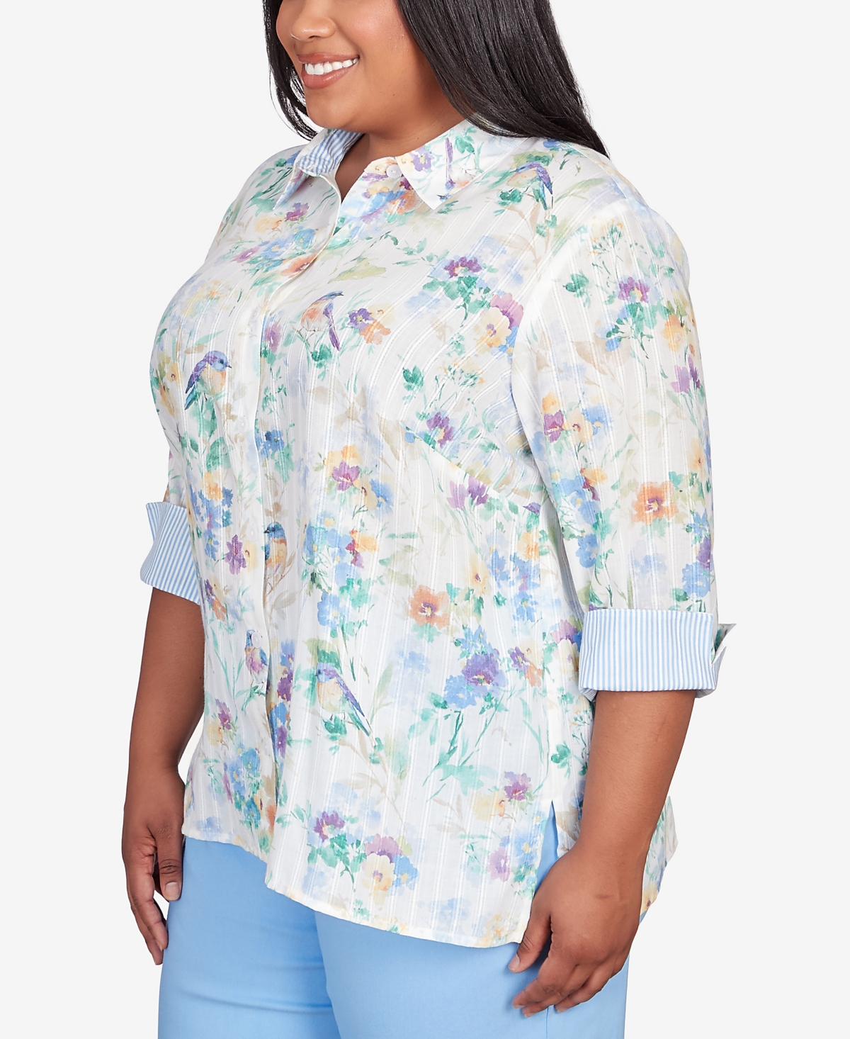 Alfred Dunner Plus Size Classic Pastels Painted Birds Button Down Top