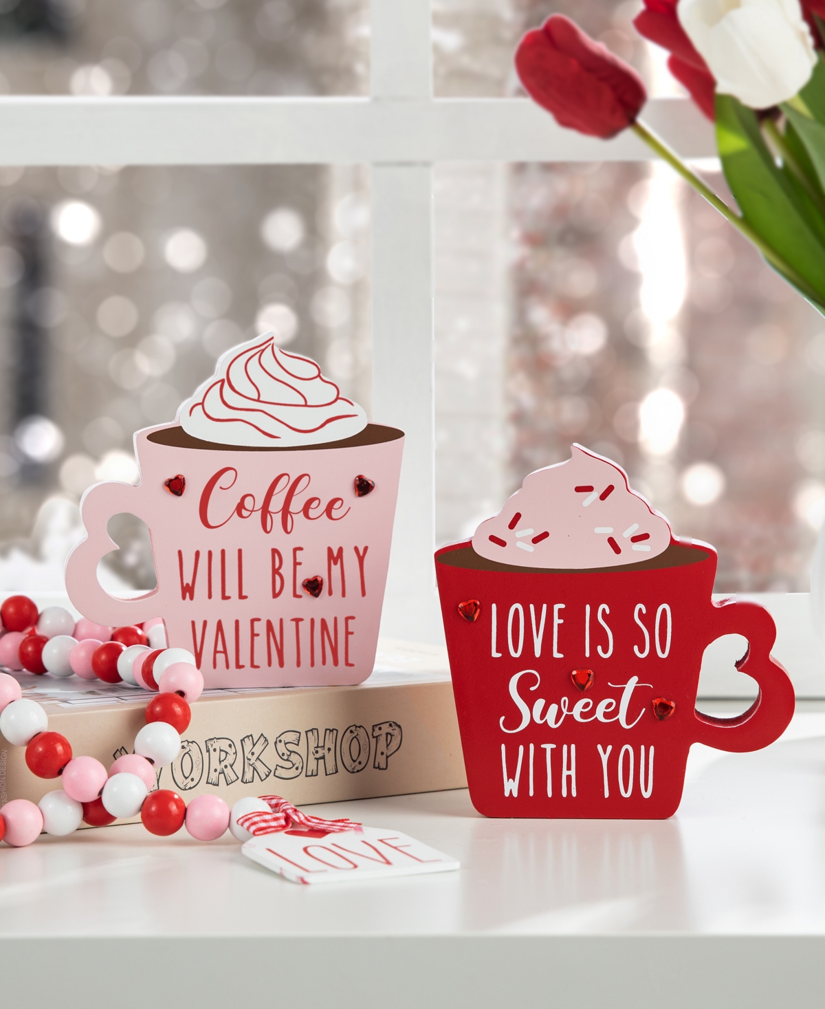 Glitzhome Wooden Valentine's Coffee Cup Table Decor, Set of 2