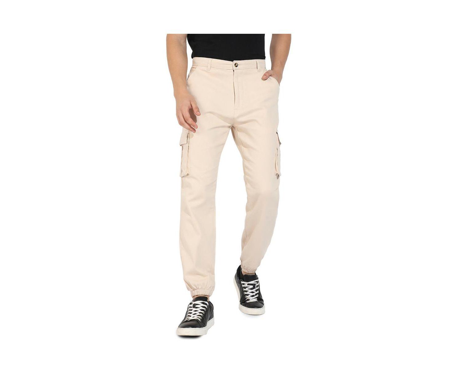Men's Beige Cuffed Hem Cargo Trousers