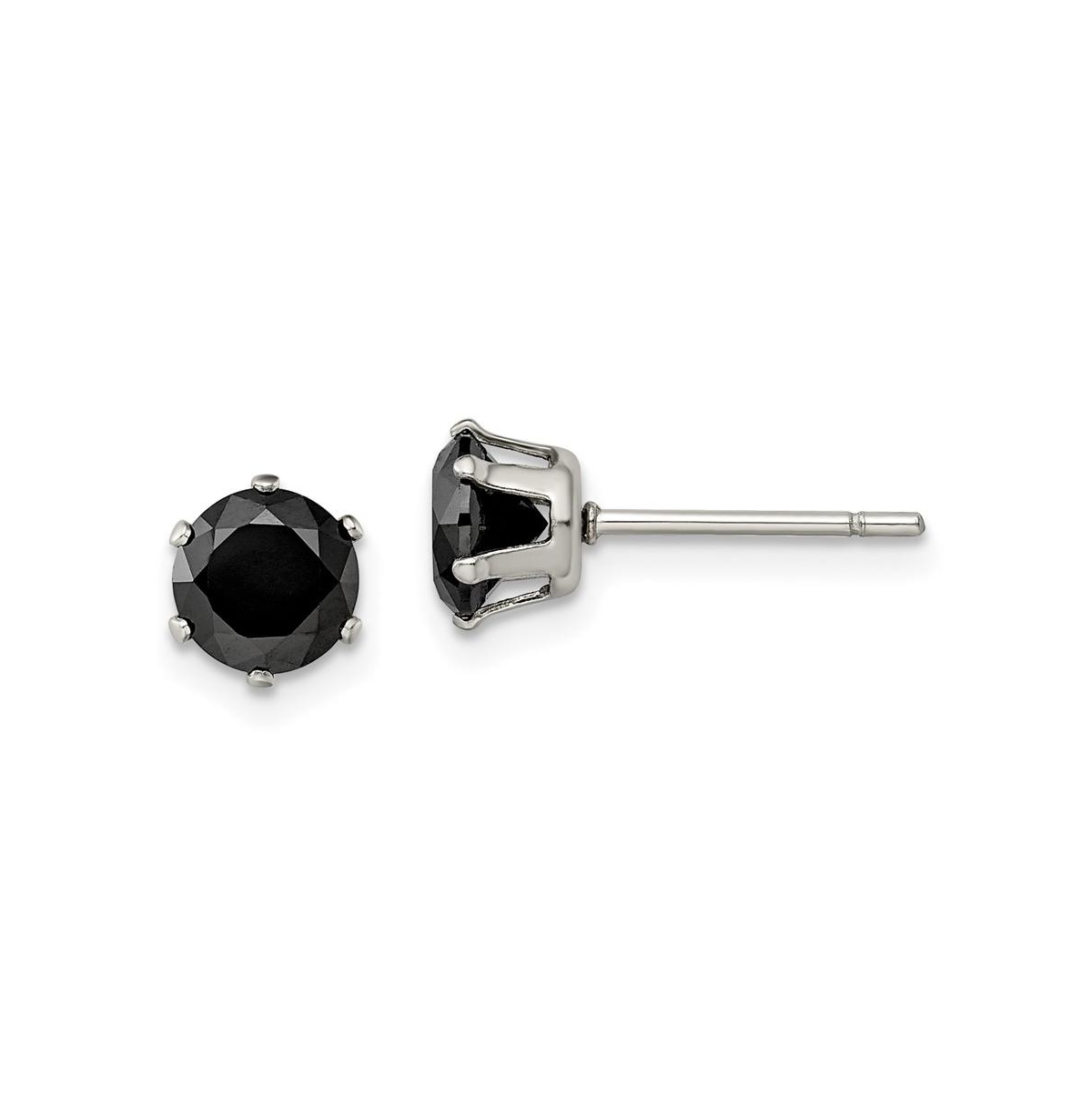 Stainless Steel Polished Black Round Cz Stud Earrings - Black